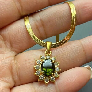 Gold Plated Oval Halo  Crystal Necklace